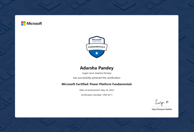 Adarsha Pandey Microsoft Power Platform Certificate